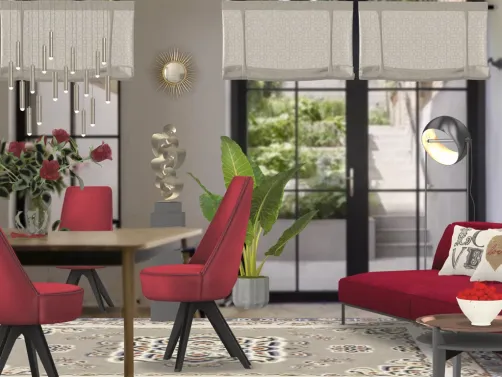 Comedor y chairlong en tonos rojos .Un lugar especial para una celebración inolvidable.