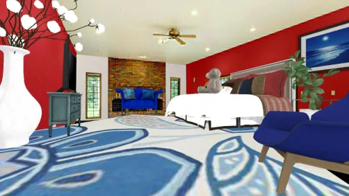 Red and blue bedroom/sitting room
