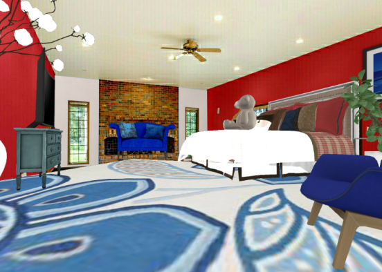 Red and blue bedroom/sitting room Design Rendering