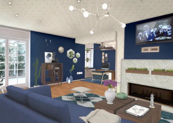 A blue luxurious living room with a small office in the corner with lots of plants to create a peaceful environment. It is a place where you can relaxe while watching tv, patting the dog or even looking at the outside view! Design Rendering