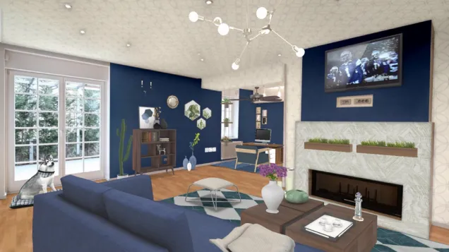 A blue luxurious living room with a small office in the corner with lots of plants to create a peaceful environment. It is a place where you can relaxe while watching tv, patting the dog or even looking at the outside view!
