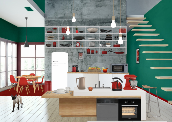 Red green kitchen Design Rendering