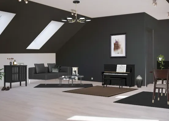 A big livingroom with a eattabel. All is in black and white. Design Rendering