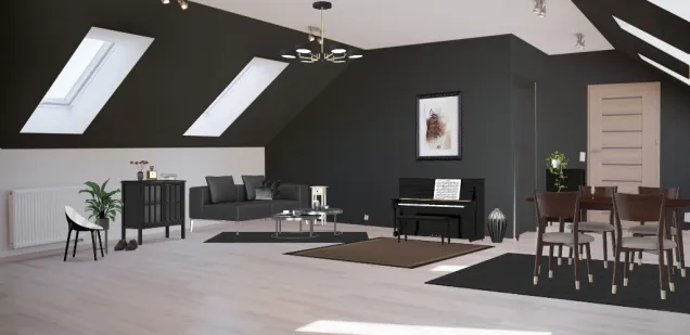 A big livingroom with a eattabel. All is in black and white.