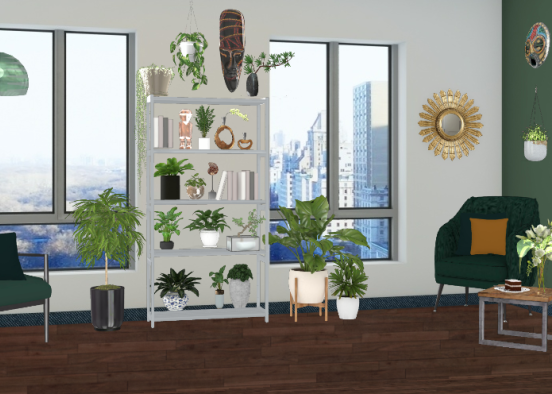 Green living room with lots of plaints Design Rendering