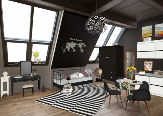 Black kitchen, livingroom and sleeproom Design Rendering
