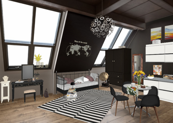 Black kitchen, livingroom and sleeproom Design Rendering
