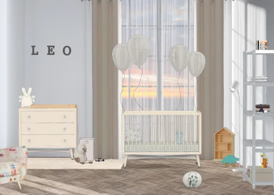 A cute small children room, in with, blue and baige.  Design Rendering