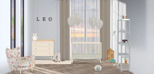 A cute small children room, in with, blue and baige. 