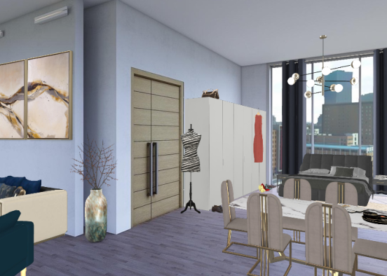 Eatroom, livingroom and sleeproom in blue, baige and gold Design Rendering
