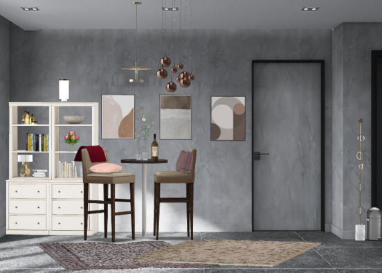 Dining room with a bar table in grey, red, badge and pink.  Design Rendering