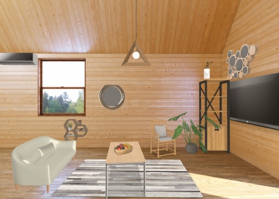 Natural Wood Living Room Design Rendering