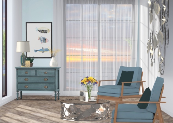 blue white and gold living room Design Rendering
