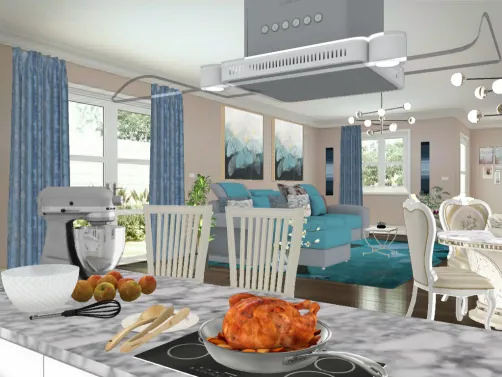 Sala da pranzo, cucina e soggiorno