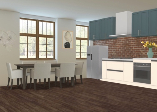 neutral kitchen with white cabinets and teal cabinets  Design Rendering