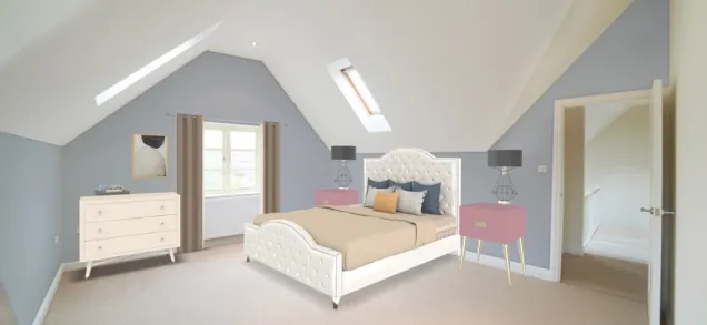 cute bedroom with a little color but mostly neutral colors