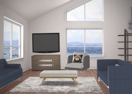 living room with blue seating Design Rendering