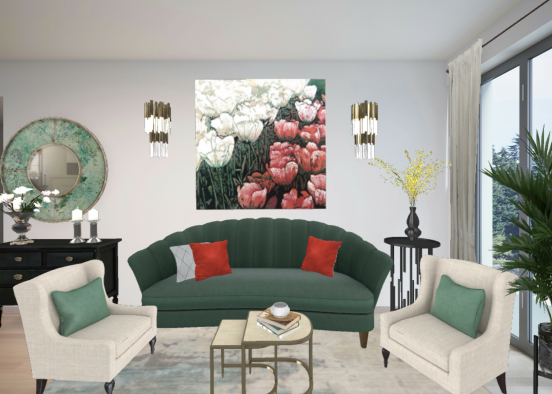 Living room in green color. Design Rendering