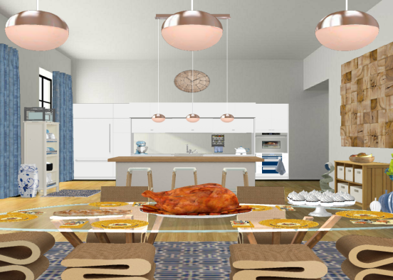 Thanksgiving in a wooden kitchen. White with a pinch of blue. Design Rendering