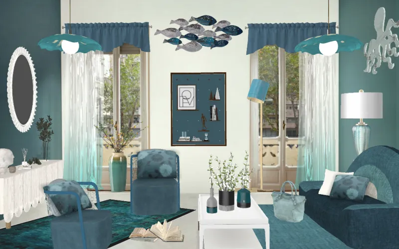 Turquoise raffiné living room by Matty featuring turquoise accent wall, brass floor lamp, cream sofa, and layered pendant lighting