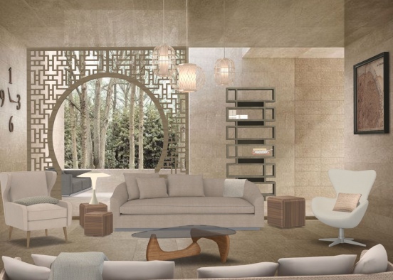 Asian Influenced Scandi Living Room Design Rendering