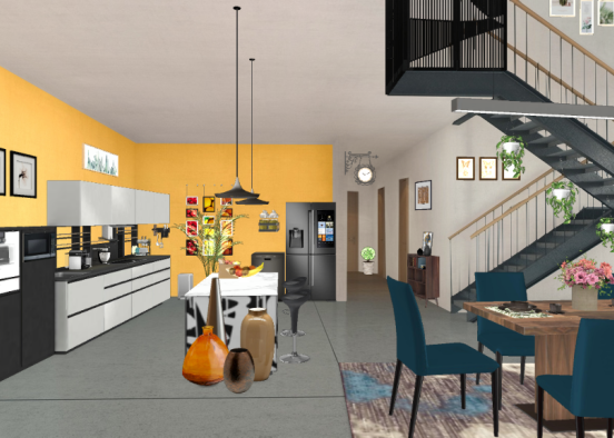 Kitchen and dining room in a studio Design Rendering
