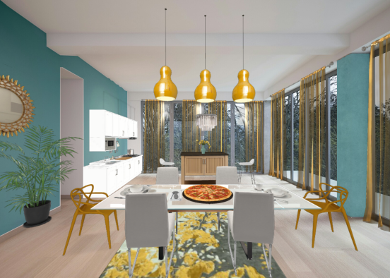 Cuisine  salle à manger dans les tons jaune moutarde et turquoise Design Rendering