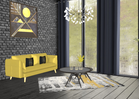 Salon avec des touches de jaunes moutardes Design Rendering