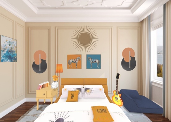 Orange Bedroom with Blue accents Design Rendering