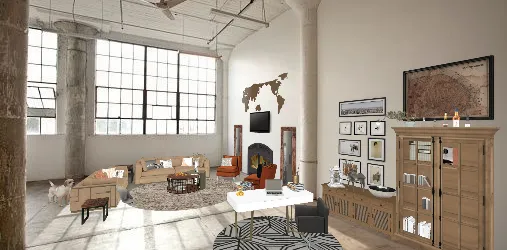 Loft living room and office Design Rendering
