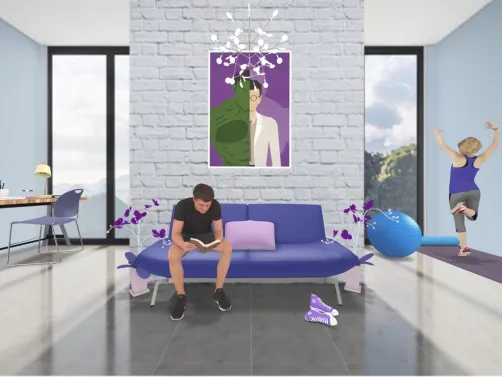 purple living room + gym 💜