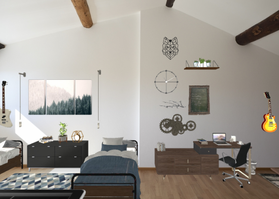 Teenage boys bedroom, woodsy and entertaining, ready to spark creativity. Design Rendering