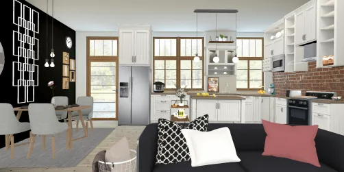 Farmhouse vibes kitchen with modern touches. Open floorplan, with trendy decor.
