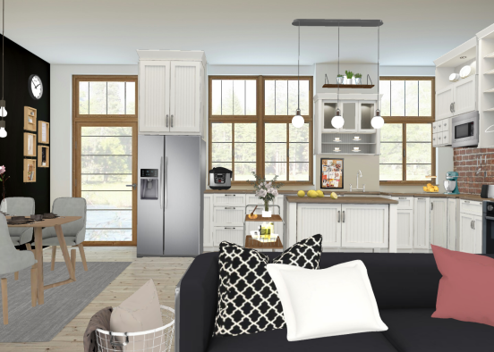 Farmhouse vibes kitchen with modern touches. Open floorplan, with trendy decor. Design Rendering