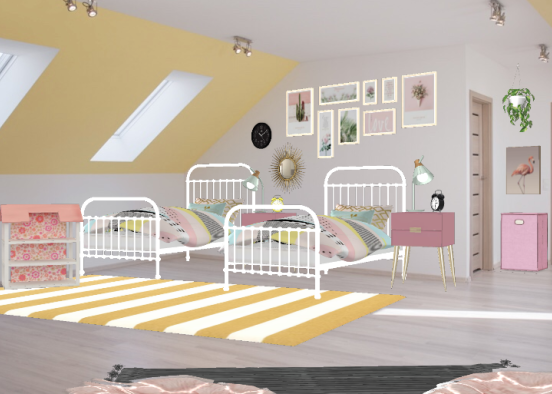Girls fun and bright room with accents of pink and yellow Design Rendering