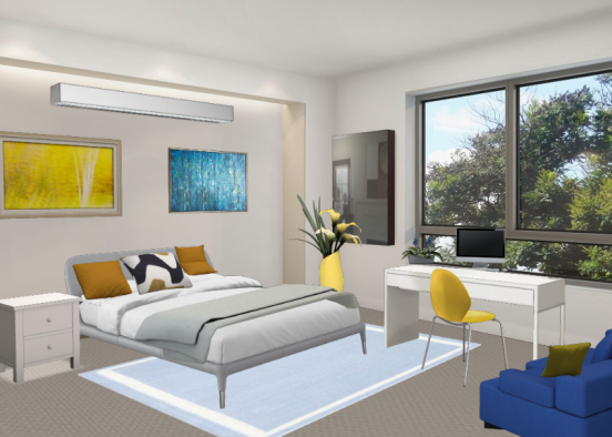Yellow and Blue Themed Bedroom Design Rendering