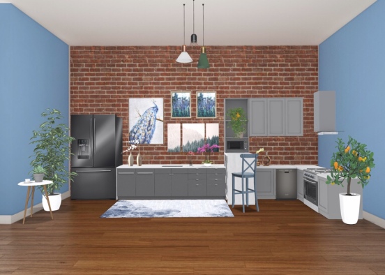 blue and yellow kitchen Design Rendering