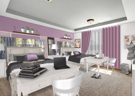 Purple Patterned Dorm Room Design Rendering