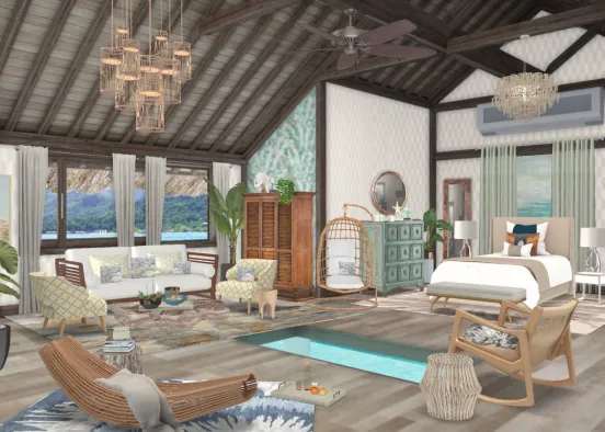Island Resort Getaway - Living Room with Bedroom Design Rendering