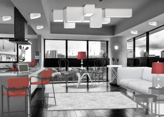 Black and White with a Pop of Red Design Rendering