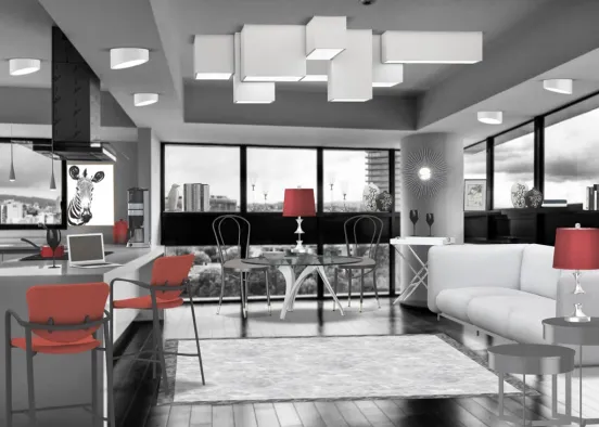 Black and White with a Pop of Red Design Rendering