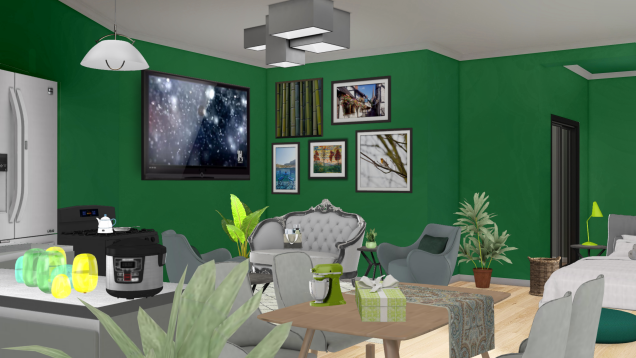 Grey and green living/dining/bedroom/kitchen with fridge and plants! 😂🤣LOL! 