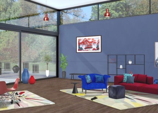 Blue and Red Lounge Design Rendering