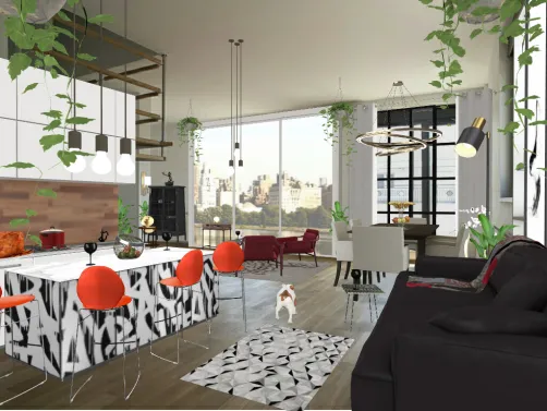 Black, red, gray & and a touch of gold.  Open areas so conversations, people, food, drinks, and puppy can flow easily through out the house