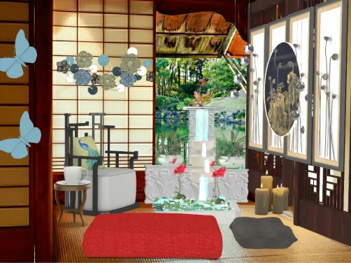 A serene meditation room with cascading water into a lotus pool
