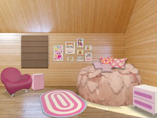 Cabin experience with a beanbag bed a nightstand and a cute pink chair with a rug and a laundry basket