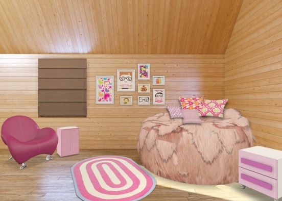 Cabin experience with a beanbag bed a nightstand and a cute pink chair with a rug and a laundry basket Design Rendering