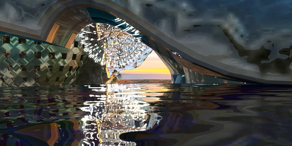 A stunning water feature reflecting light from a unique architectural structure, showcasing a modern design style that emphasizes fluidity and innovation, perfect for interior design enthusiasts utilizing Homestyler's real-time 3D rendering capabilities.