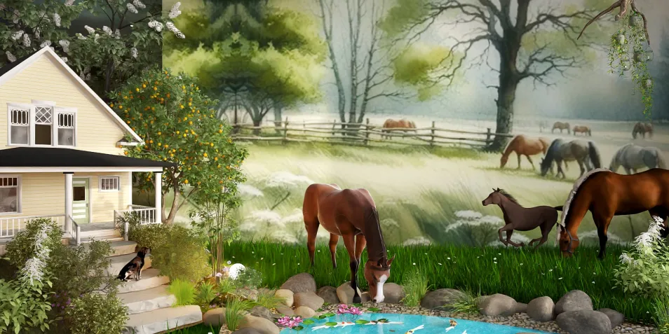 a beautiful house design featuring horses grazing in a serene landscape, showcasing a picturesque outdoor scene with a natural pond; ideal for a peaceful home setting, utilizing Homestyler's real-time 3D rendering feature to visualize outdoor decor.