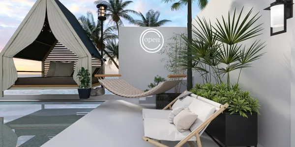 Garden seating arrangement with a hammock, showcasing tropical outdoor design, enhancing relaxation space with a modern aesthetic, featuring Homestyler's real-time 3D rendering for design previews.